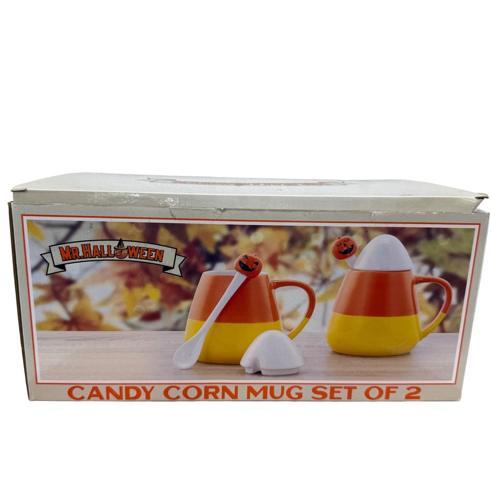 Mr.‎ Halloween Candy Corn Mug Set of 2 with Lids & Spoons New in Box